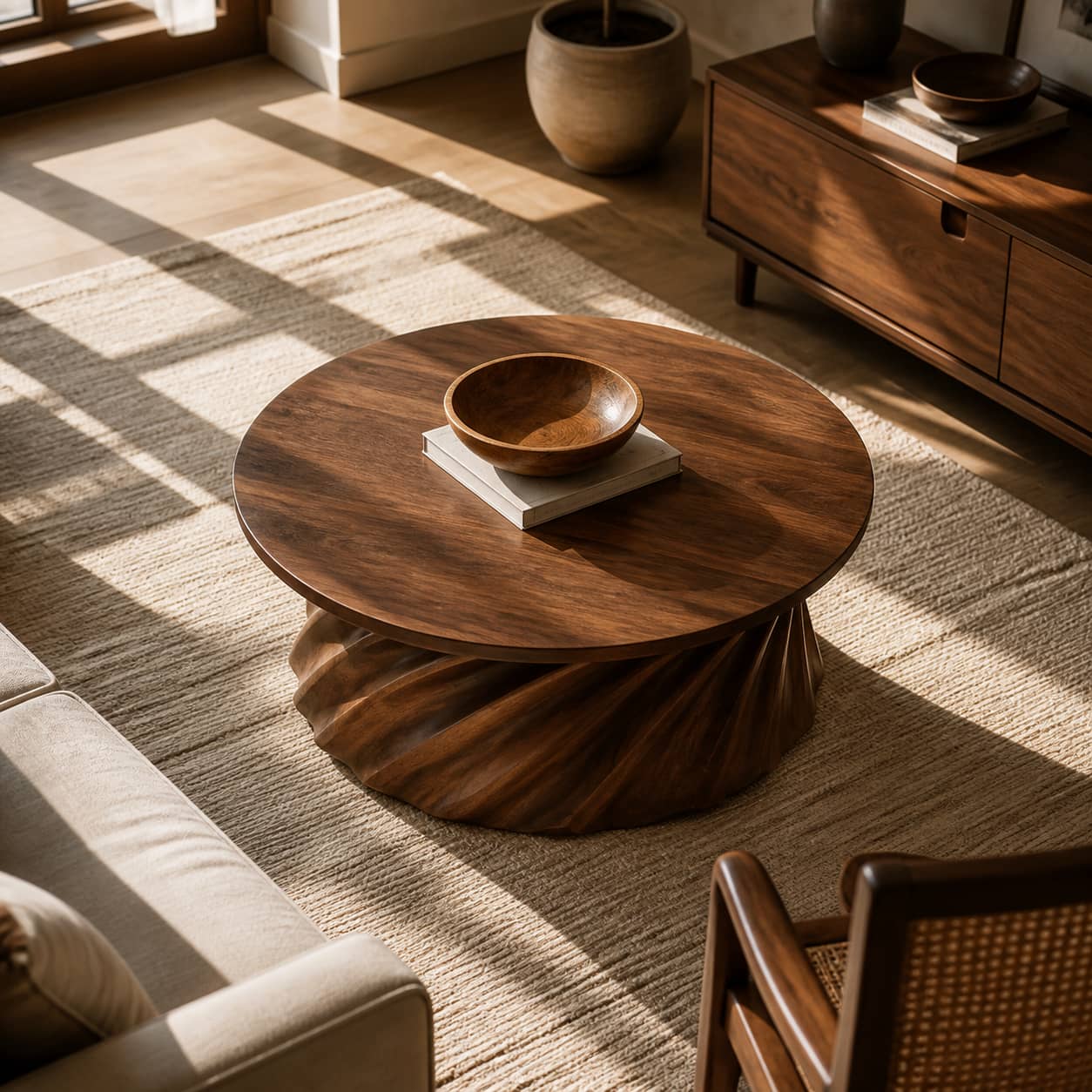Jovian Twisted-Fluted Base Solid Wood Coffee Table For Living Room