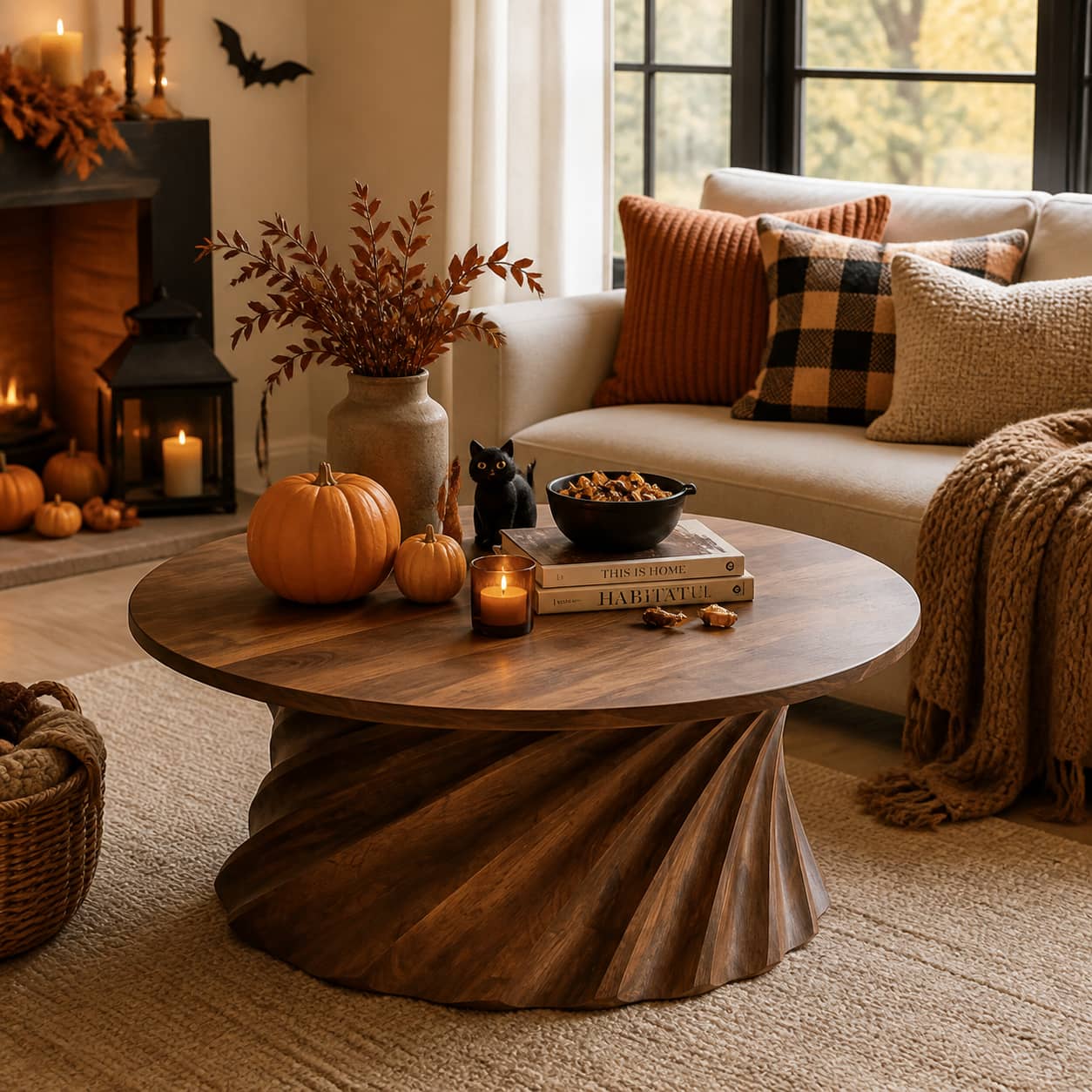 Jovian Twisted-Fluted Base Solid Wood Coffee Table For Living Room
