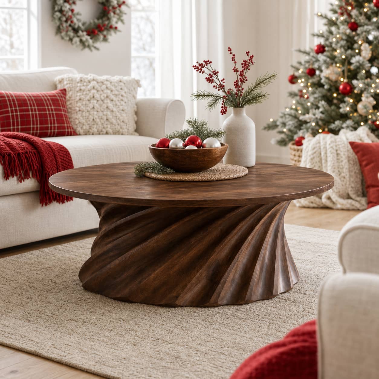 Jovian Twisted-Fluted Base Solid Wood Coffee Table For Living Room
