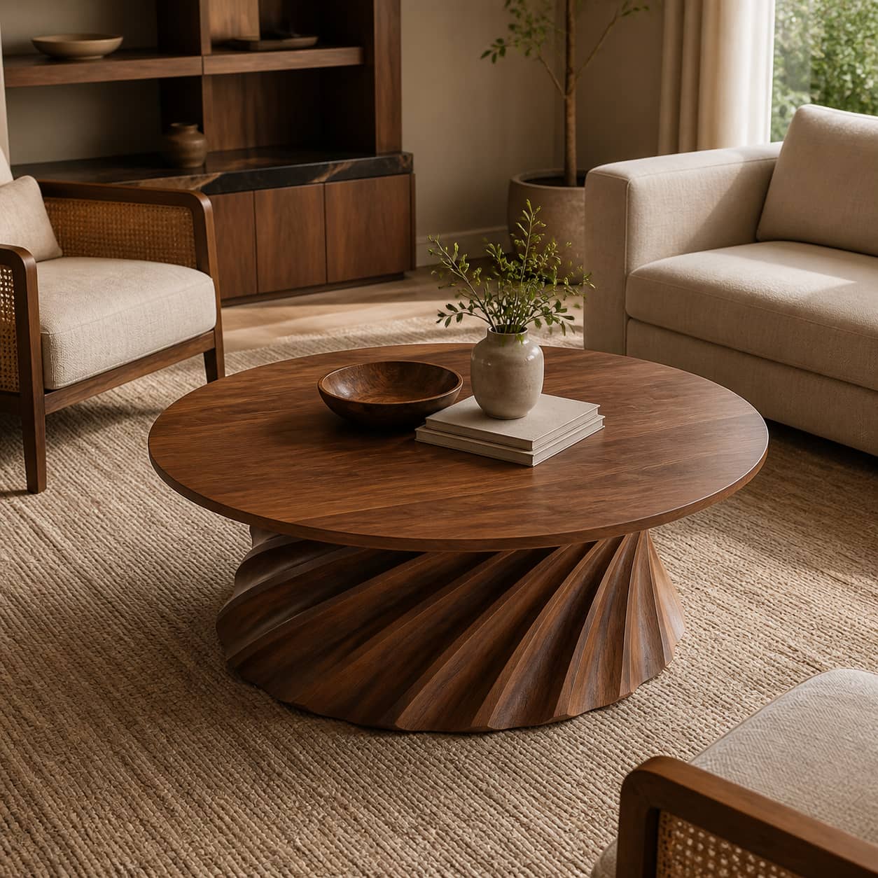 Jovian Twisted-Fluted Base Solid Wood Coffee Table For Living Room
