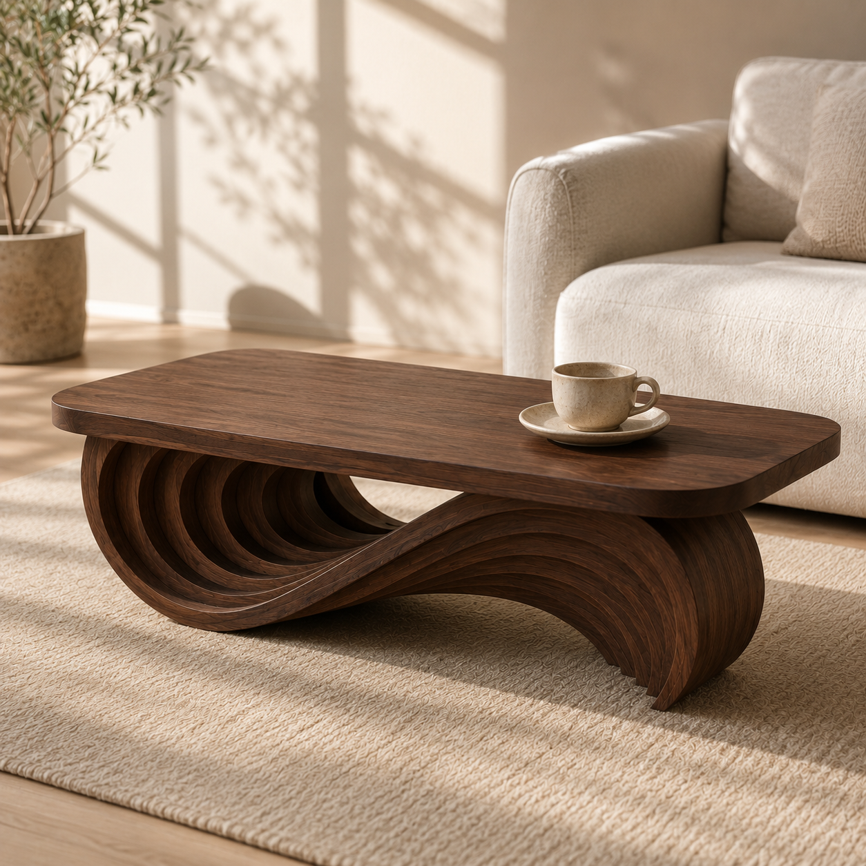 Cassaro Curved Solid Wood Coffee Table With Drawer For Living Room