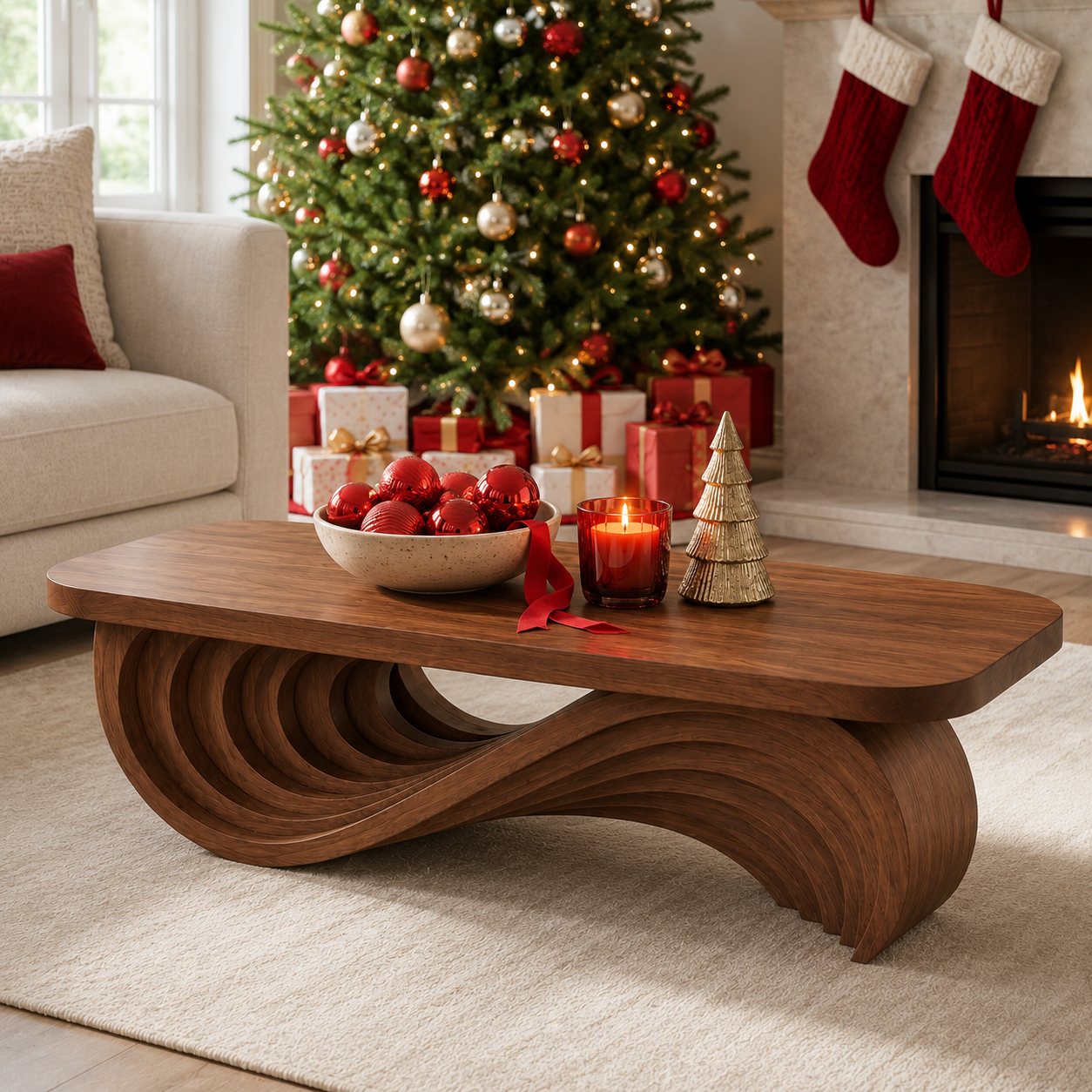 Cassaro Curved Solid Wood Coffee Table With Drawer For Living Room