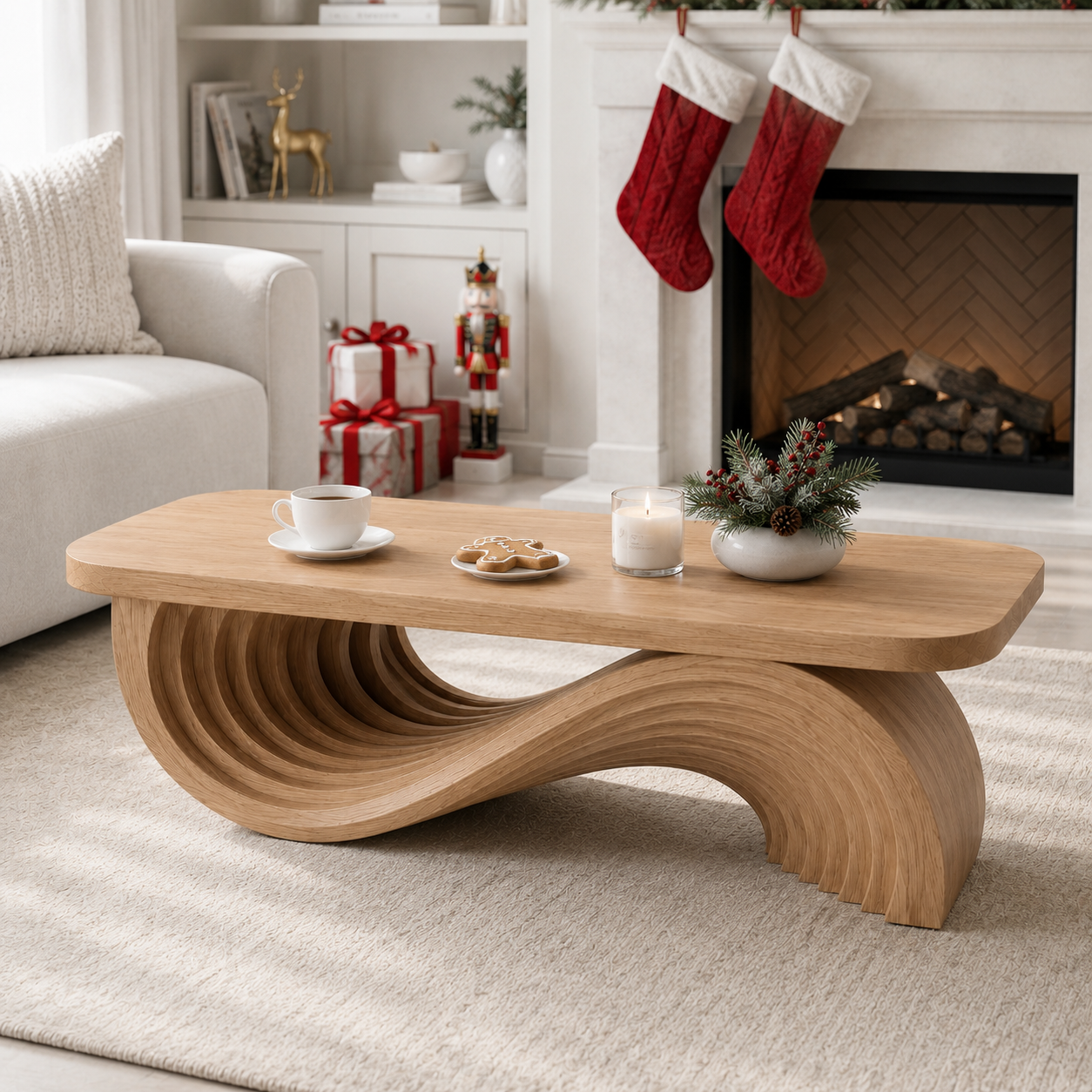 Cassaro Curved Solid Wood Coffee Table With Drawer For Living Room