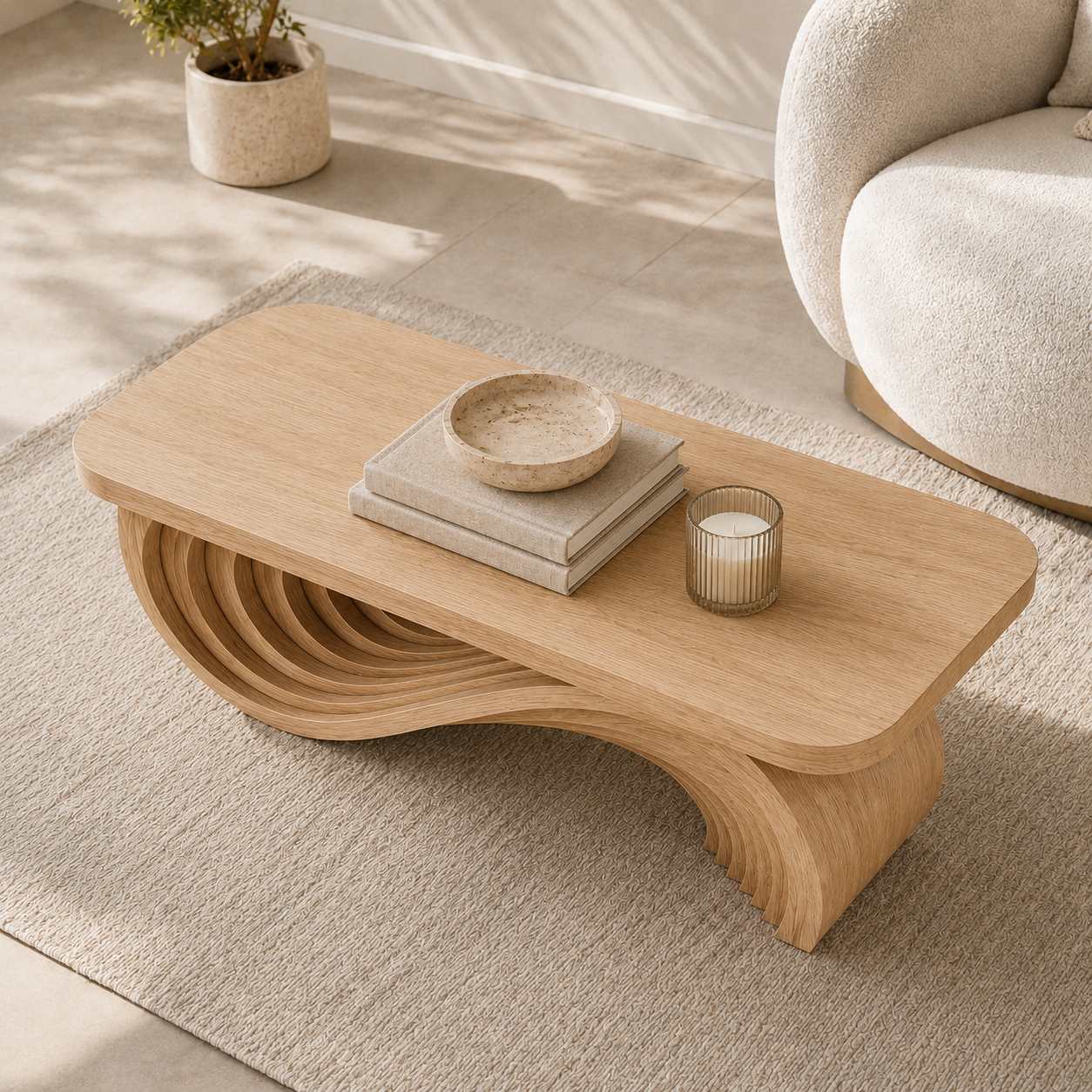 Cassaro Curved Solid Wood Coffee Table With Drawer For Living Room