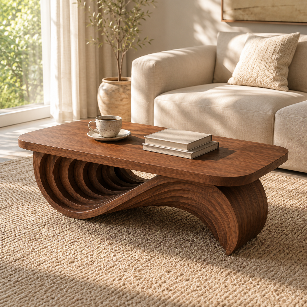 Cassaro Curved Solid Wood Coffee Table With Drawer For Living Room
