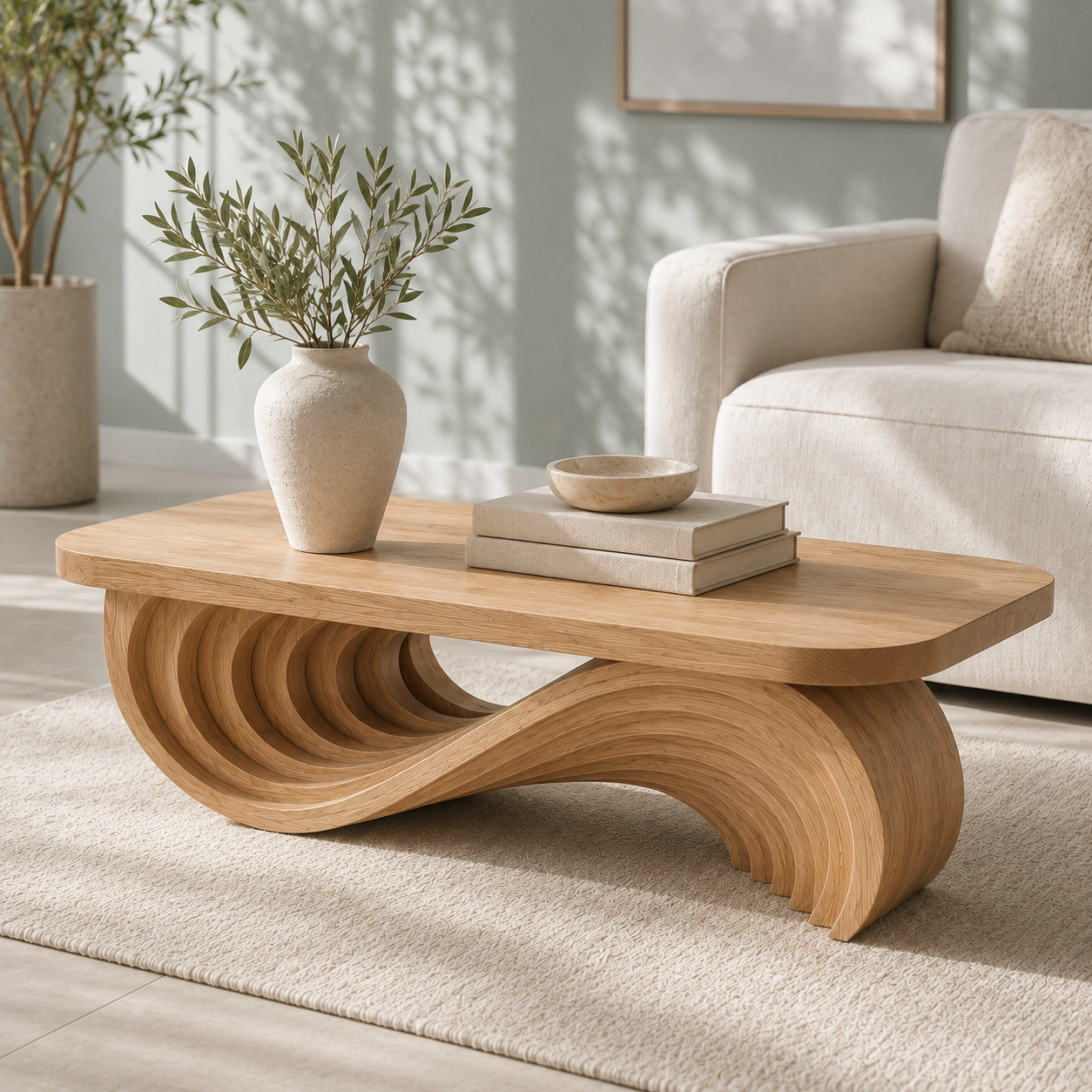 Cassaro Curved Solid Wood Coffee Table With Drawer For Living Room