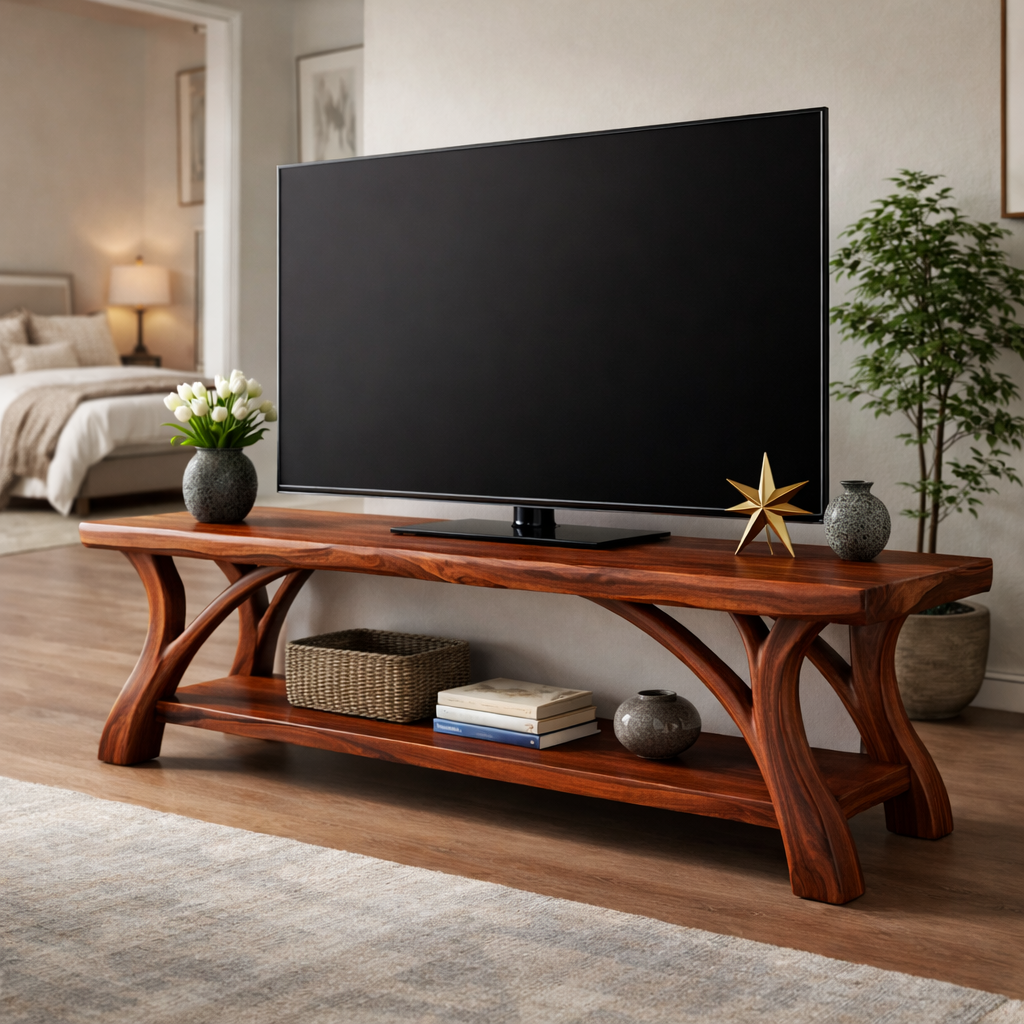 Live Edge TV Stand with Sculptural Wood Base and Open Shelf Storage