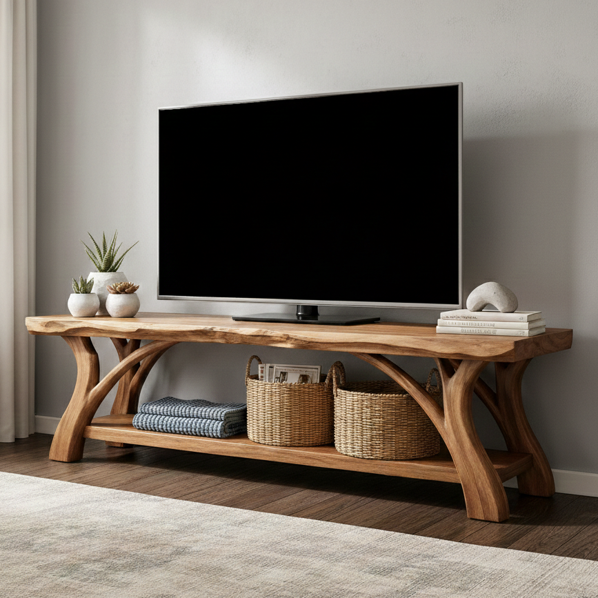 Wooden TV stand with a television and decorative items in a living room setting.