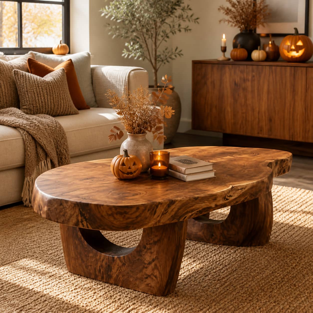 Lukas Crescent-Base Solid Wood Coffee Table For Living Room