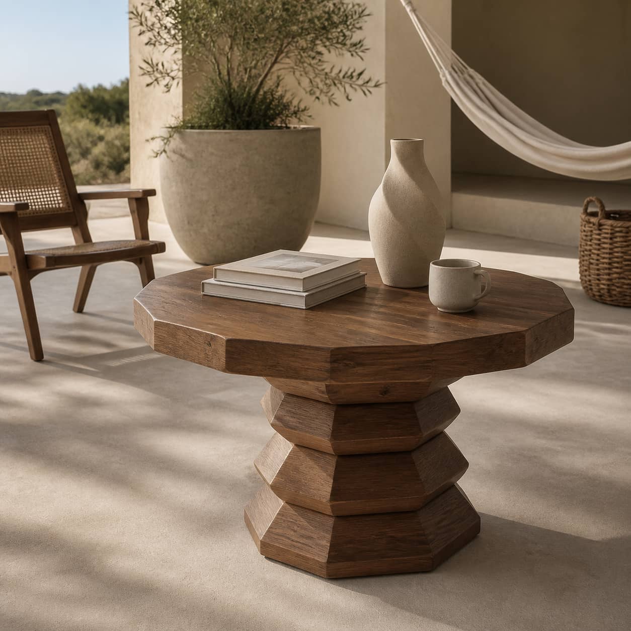 Marek Faceted-Pedestal Solid Wood Coffee Table For Living Room