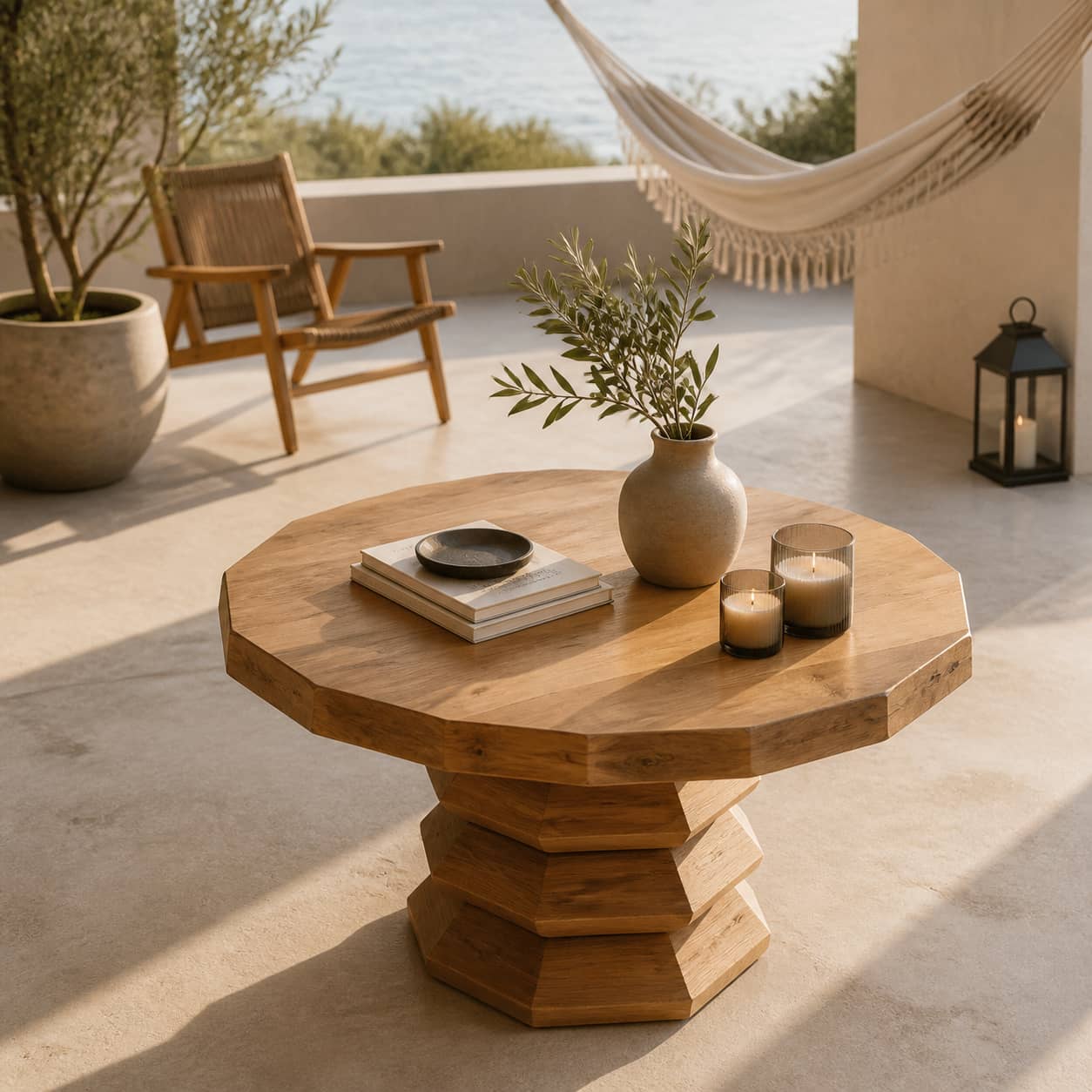 Marek Faceted-Pedestal Solid Wood Coffee Table For Living Room