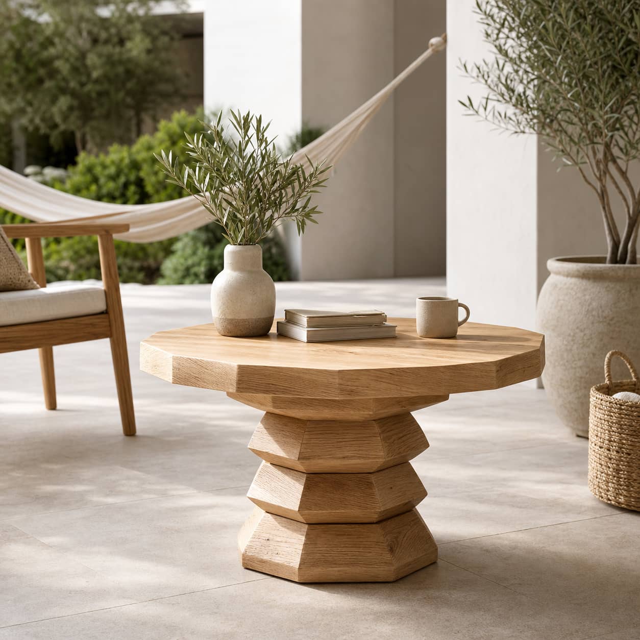 Marek Faceted-Pedestal Solid Wood Coffee Table For Living Room