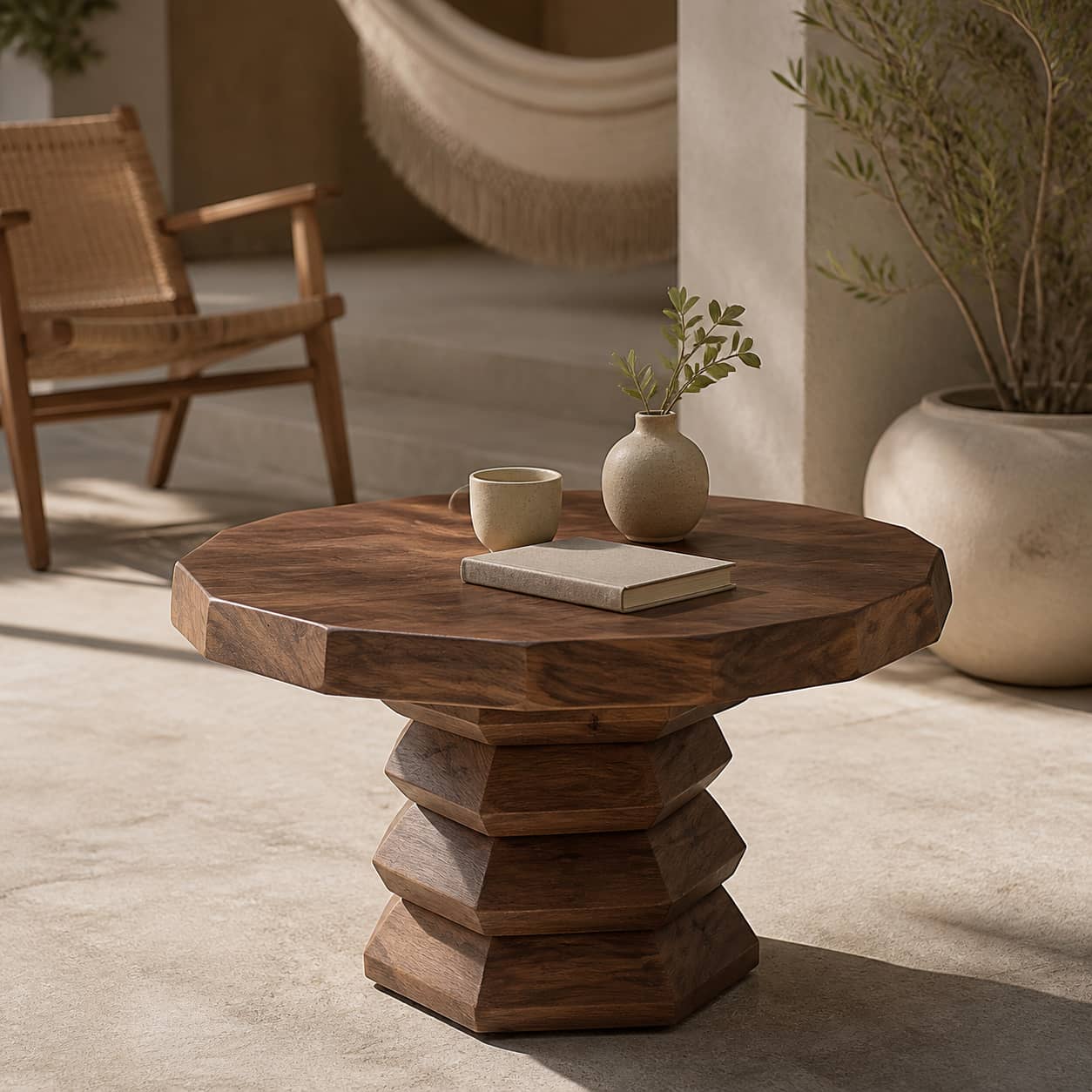 Marek Faceted-Pedestal Solid Wood Coffee Table For Living Room
