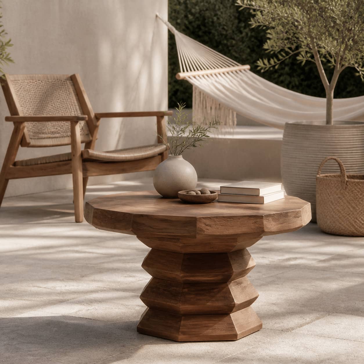 Marek Faceted-Pedestal Solid Wood Coffee Table For Living Room