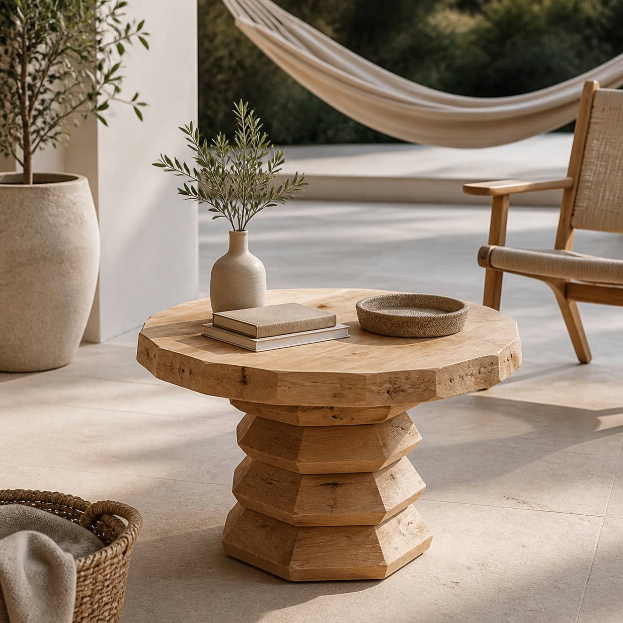 Marek Faceted-Pedestal Solid Wood Coffee Table For Living Room