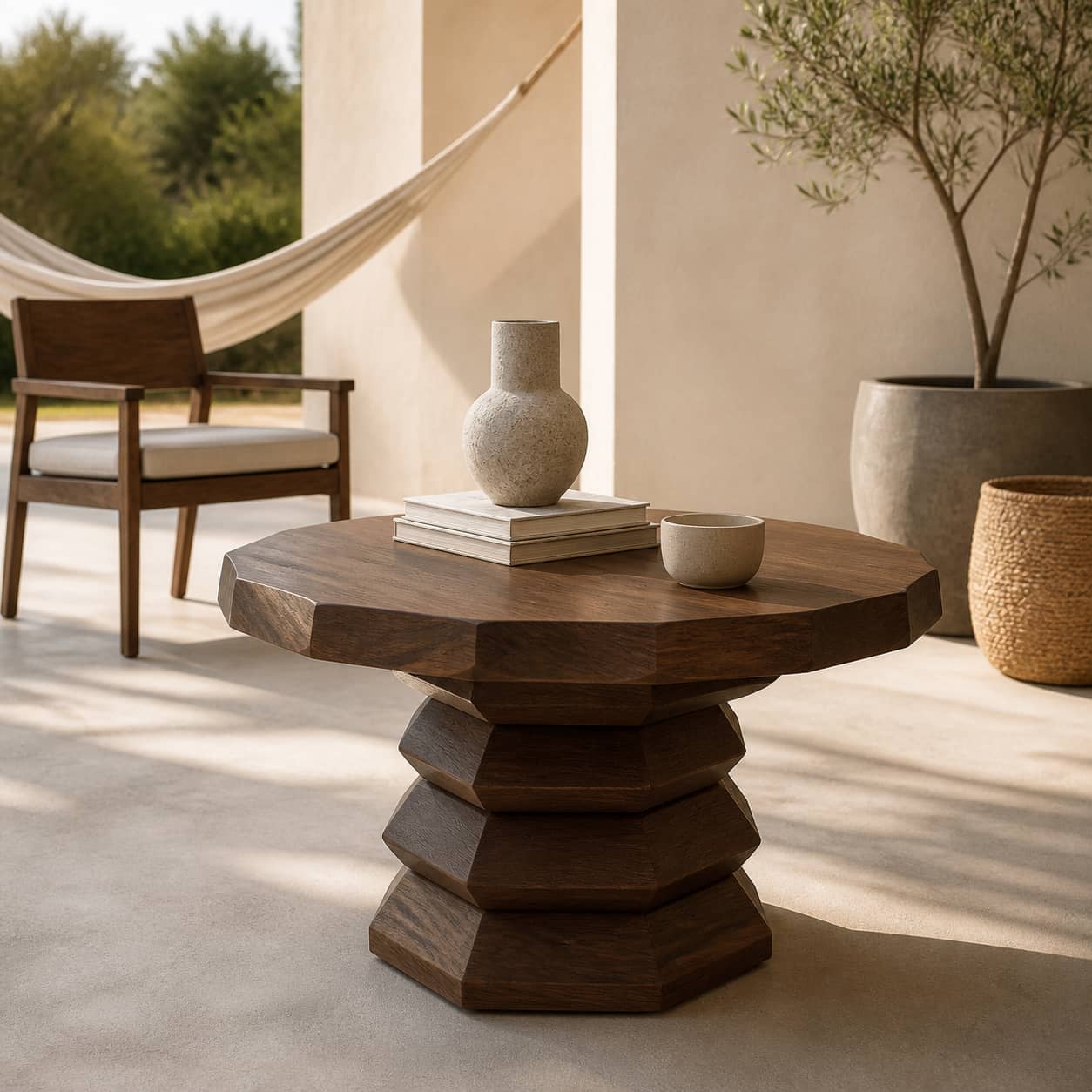 Marek Faceted-Pedestal Solid Wood Coffee Table For Living Room