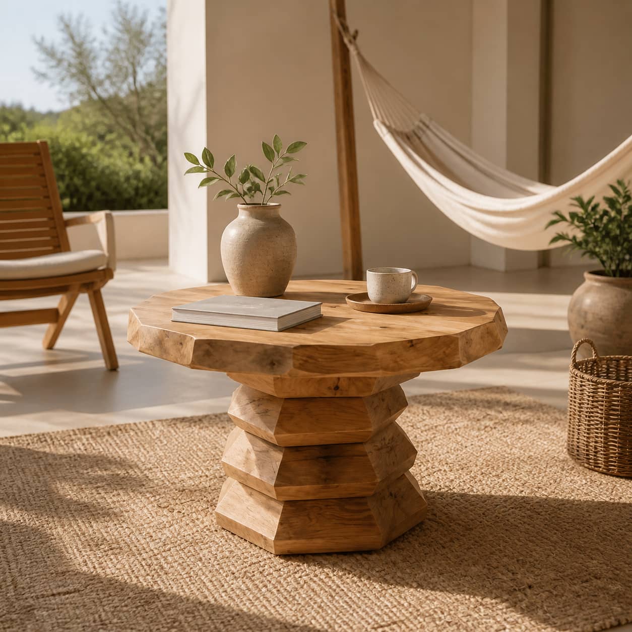 Marek Faceted-Pedestal Solid Wood Coffee Table For Living Room