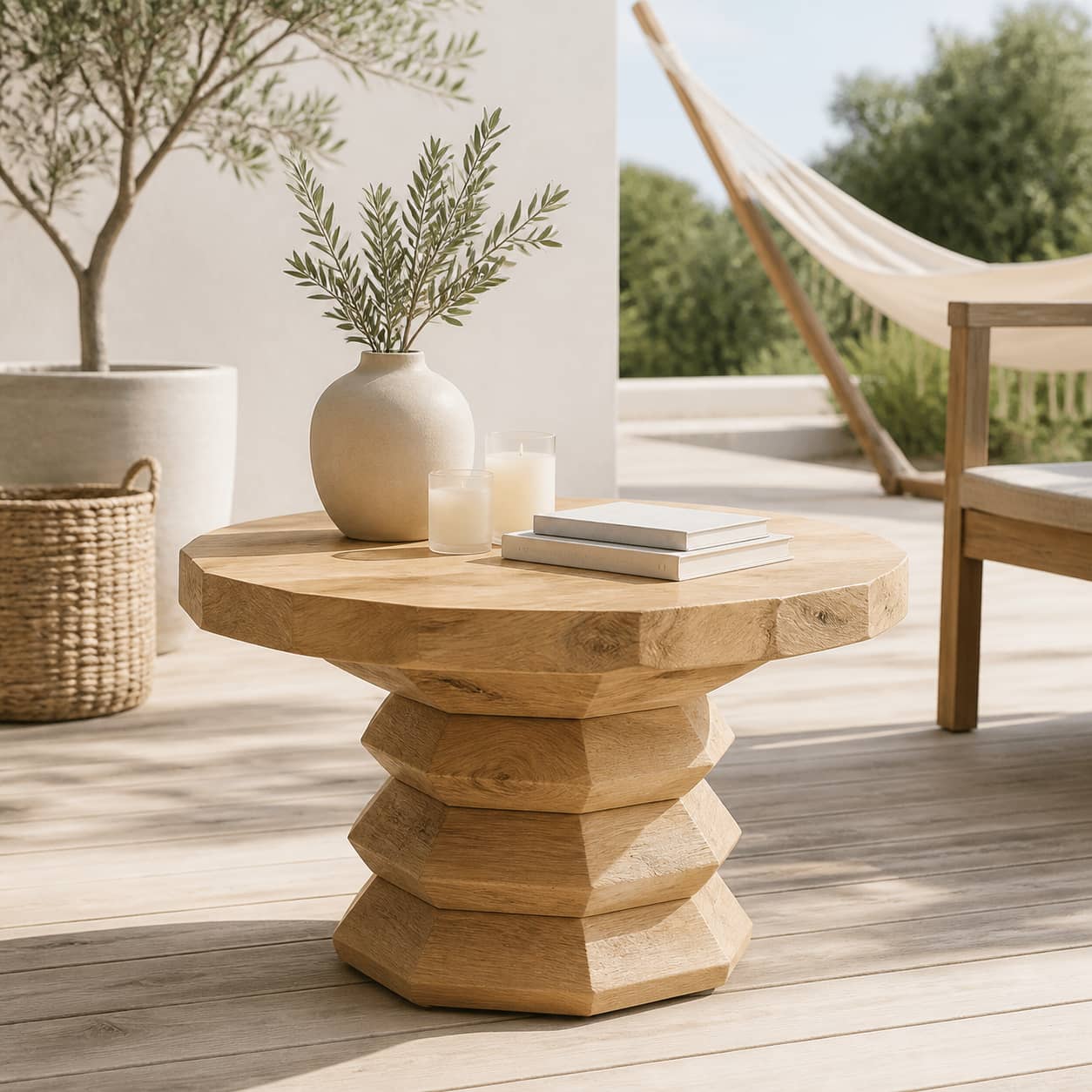 Marek Faceted-Pedestal Solid Wood Coffee Table For Living Room