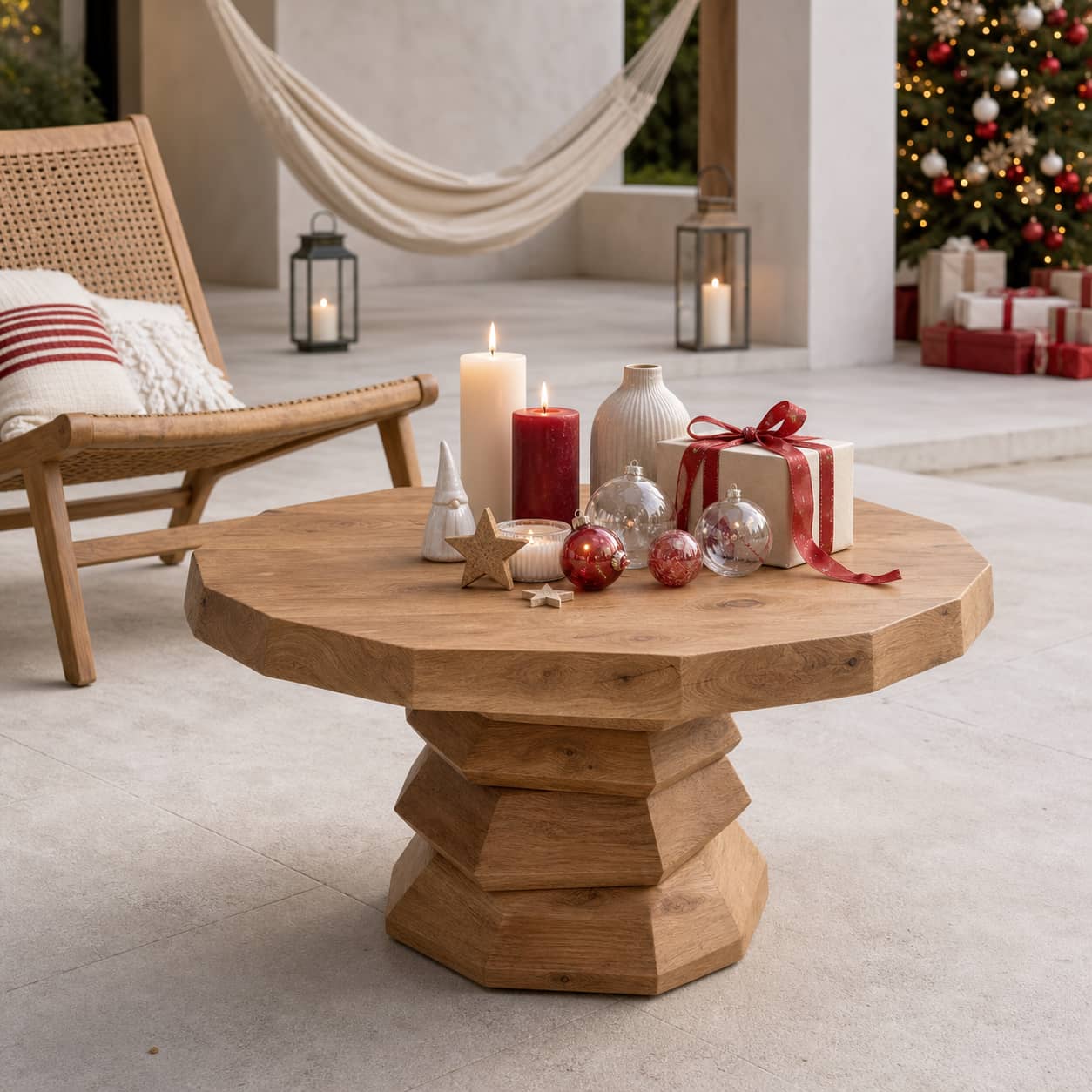 Marek Faceted-Pedestal Solid Wood Coffee Table For Living Room
