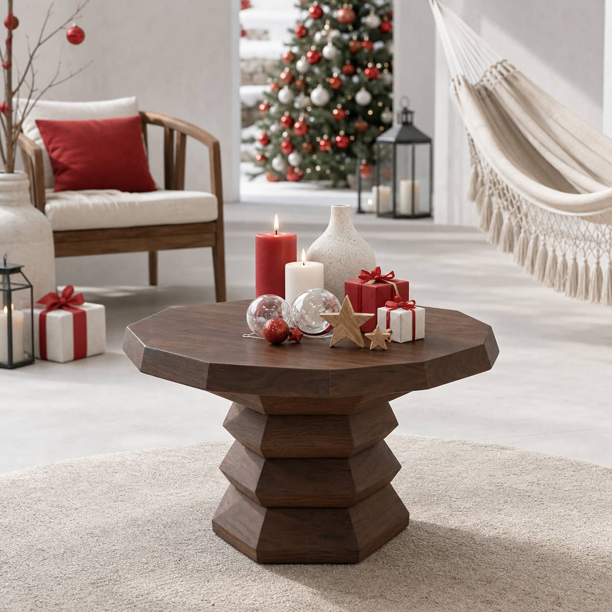 Marek Faceted-Pedestal Solid Wood Coffee Table For Living Room
