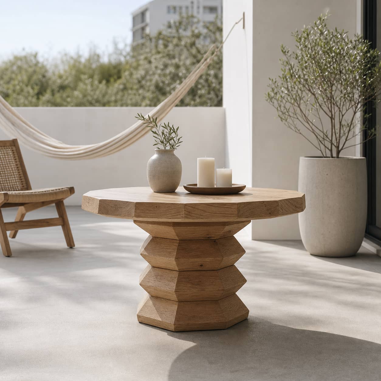 Marek Faceted-Pedestal Solid Wood Coffee Table For Living Room