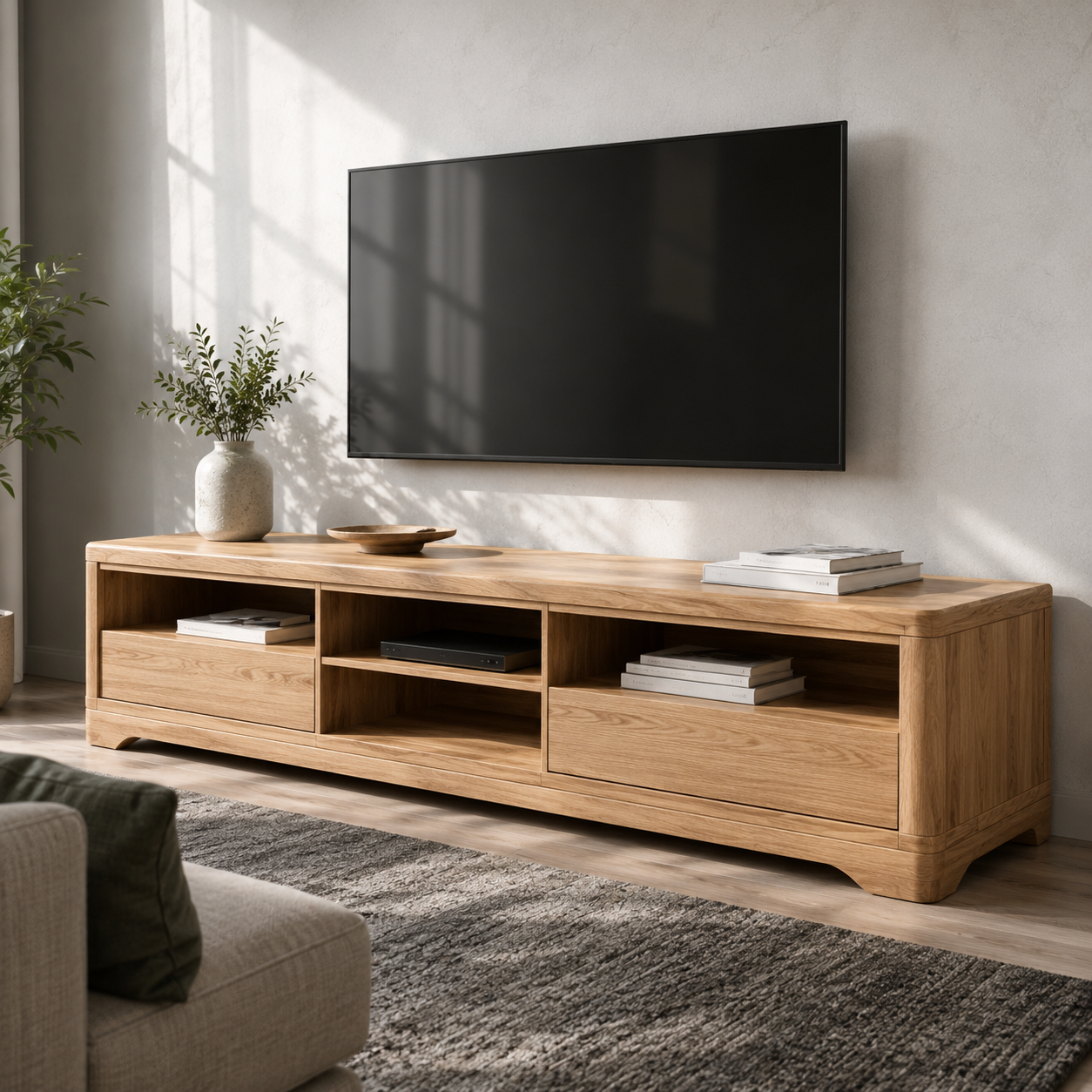 Haldor Solid Wood Media Console With Drawers For Living Room