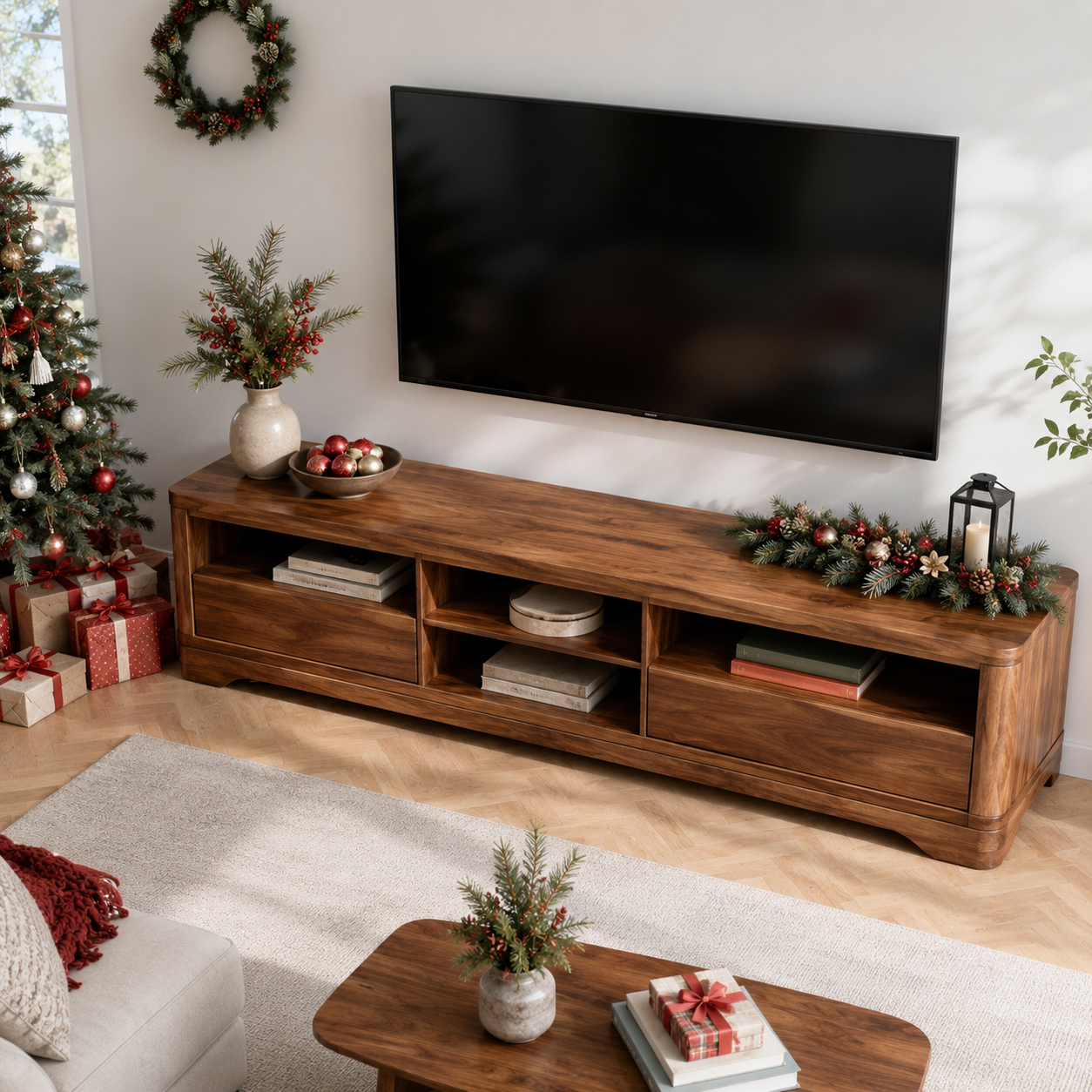 Haldor Solid Wood Media Console With Drawers For Living Room