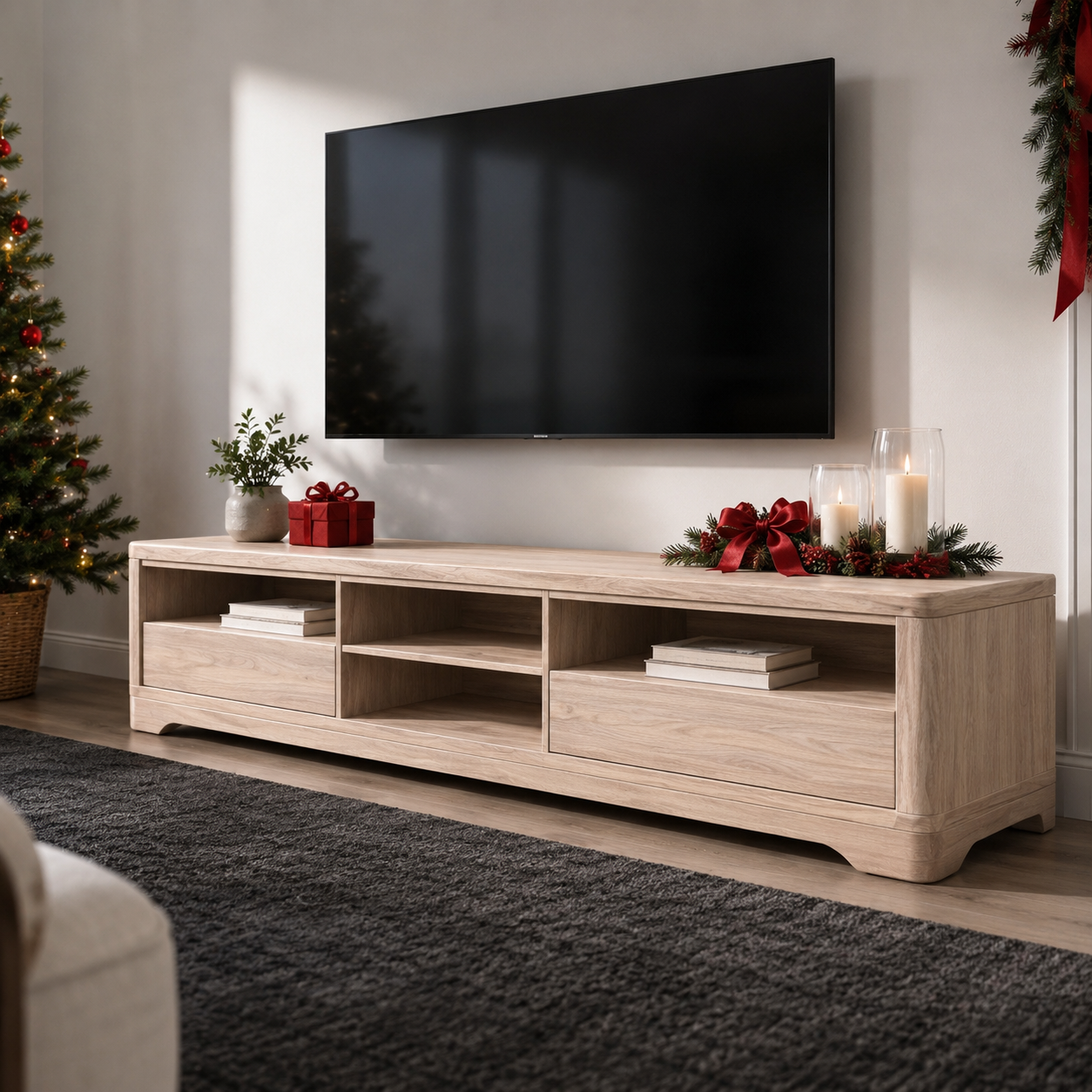 Haldor Solid Wood Media Console With Drawers For Living Room