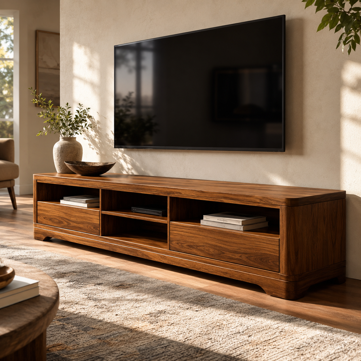 Haldor Solid Wood Media Console With Drawers For Living Room
