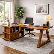 Shelvaro L-Shaped Solid Wood Desk With Bookshelf For Home Office