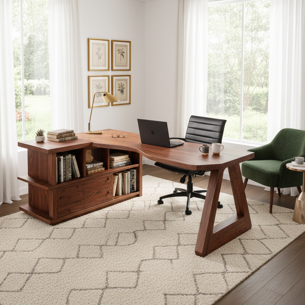 Shelvaro L-Shaped Solid Wood Desk With Bookshelf For Home Office