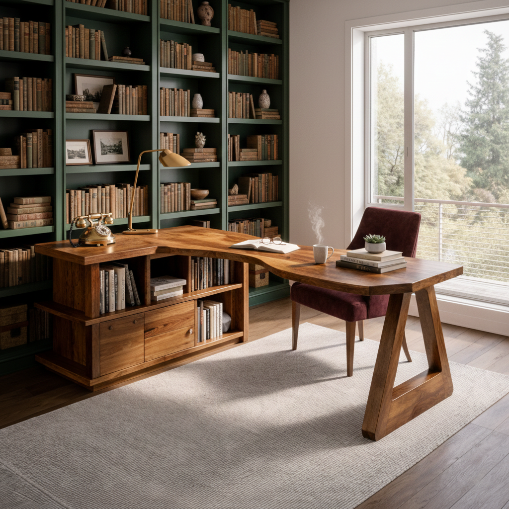 Shelvaro L-Shaped Solid Wood Desk With Bookshelf For Home Office