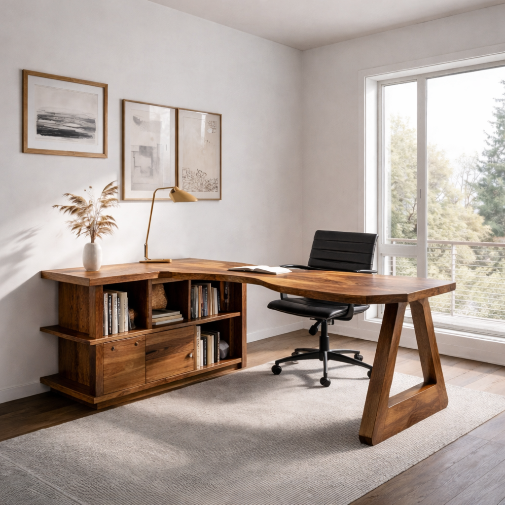 Shelvaro L-Shaped Solid Wood Desk With Bookshelf For Home Office