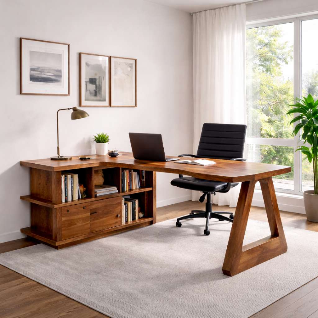 Shelvaro L-Shaped Solid Wood Desk With Bookshelf For Home Office
