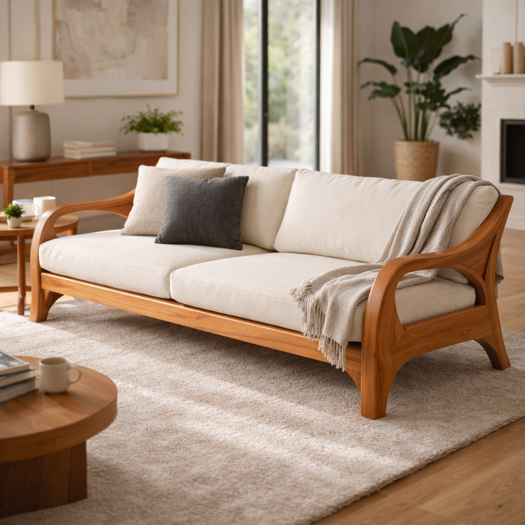 Plushara Sculptural Solid Wood Frame Sofa For Living Room