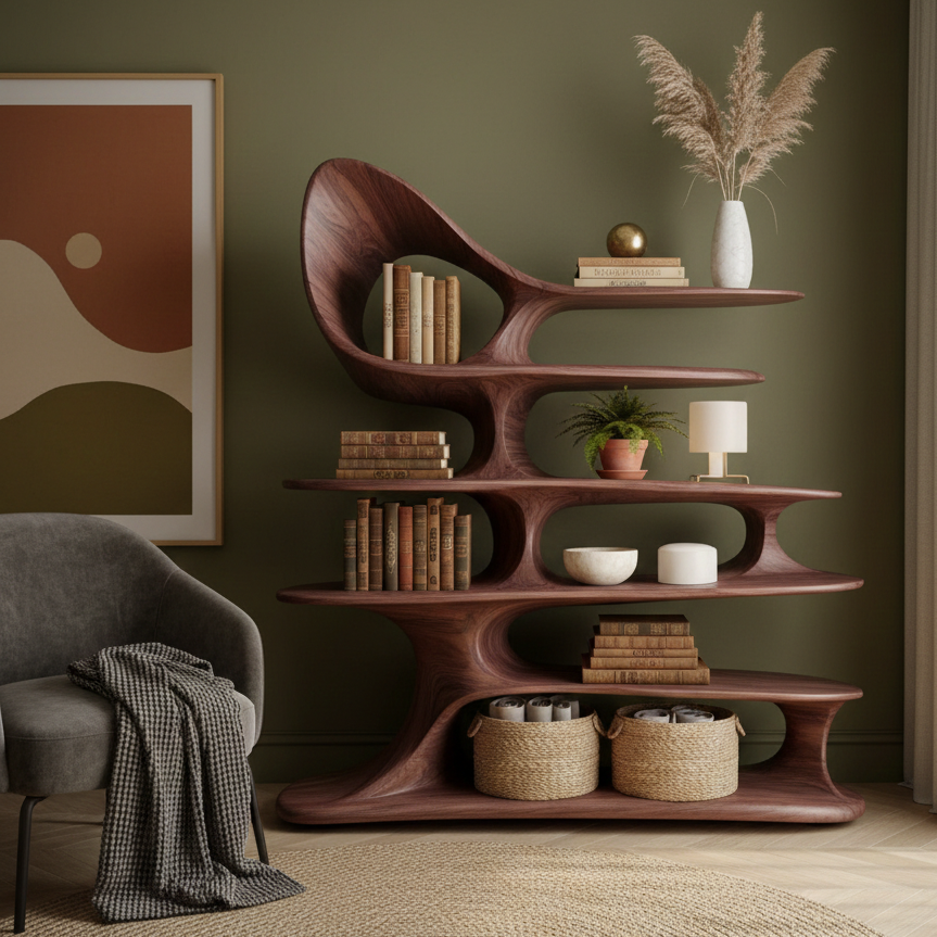 Organella Curved Solid Wood Standing Shelf For Living Room
