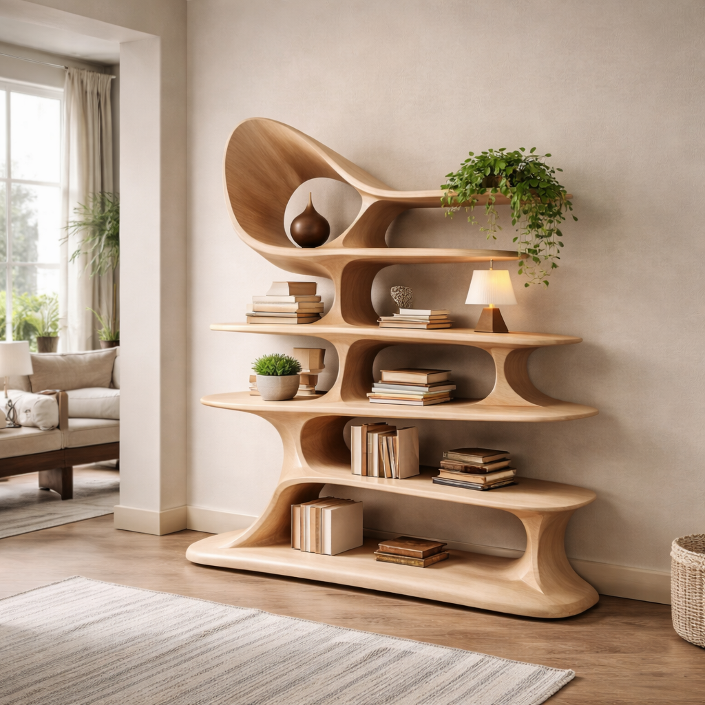 Organella Curved Solid Wood Standing Shelf For Living Room