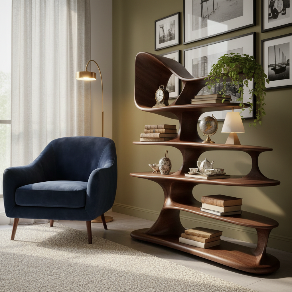 Organella Curved Solid Wood Standing Shelf For Living Room