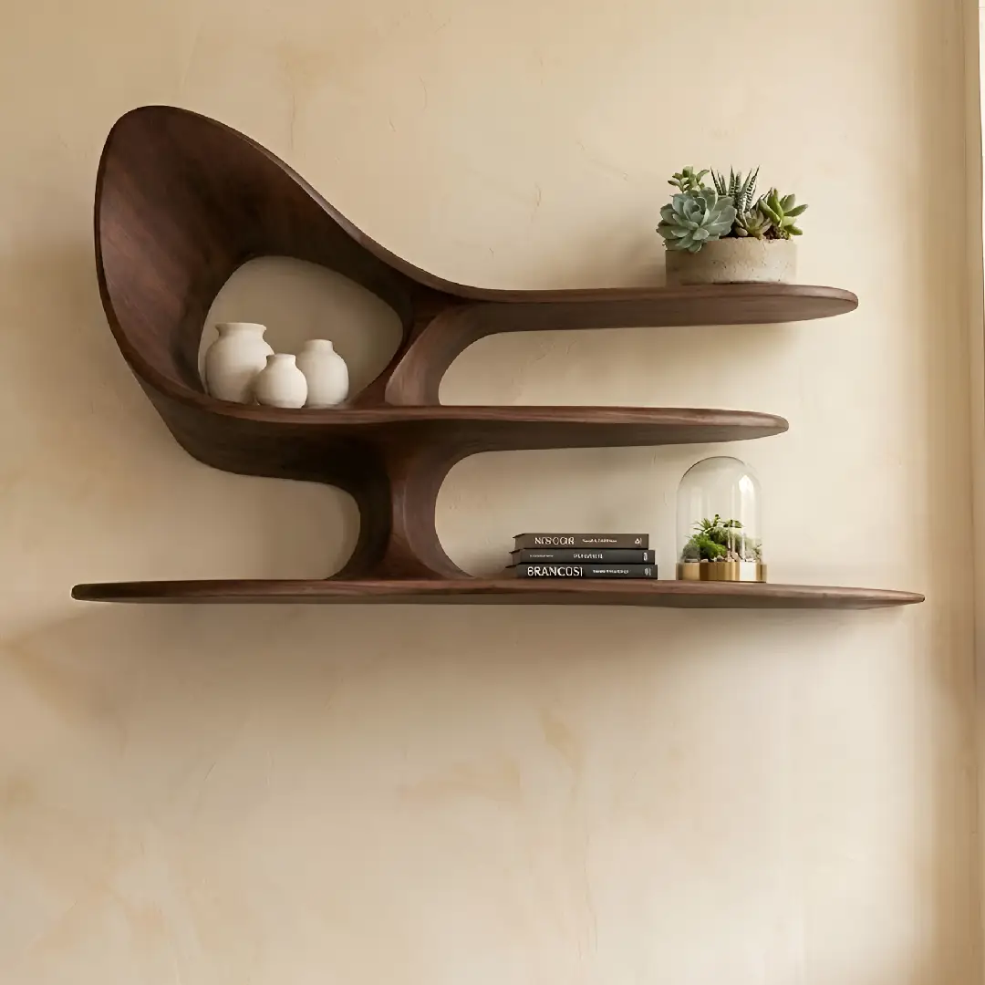 Organella Curved Solid Wood Standing Shelf For Living Room