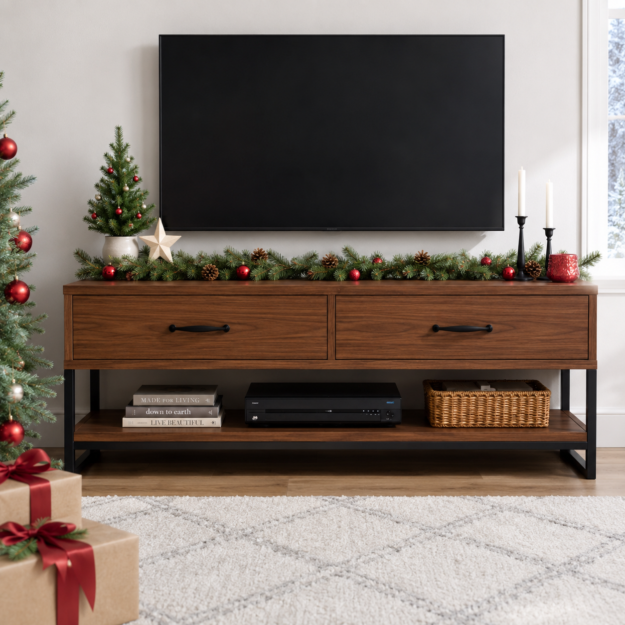 Sheldon Solid Wood TV Console With Drawers For Living Room