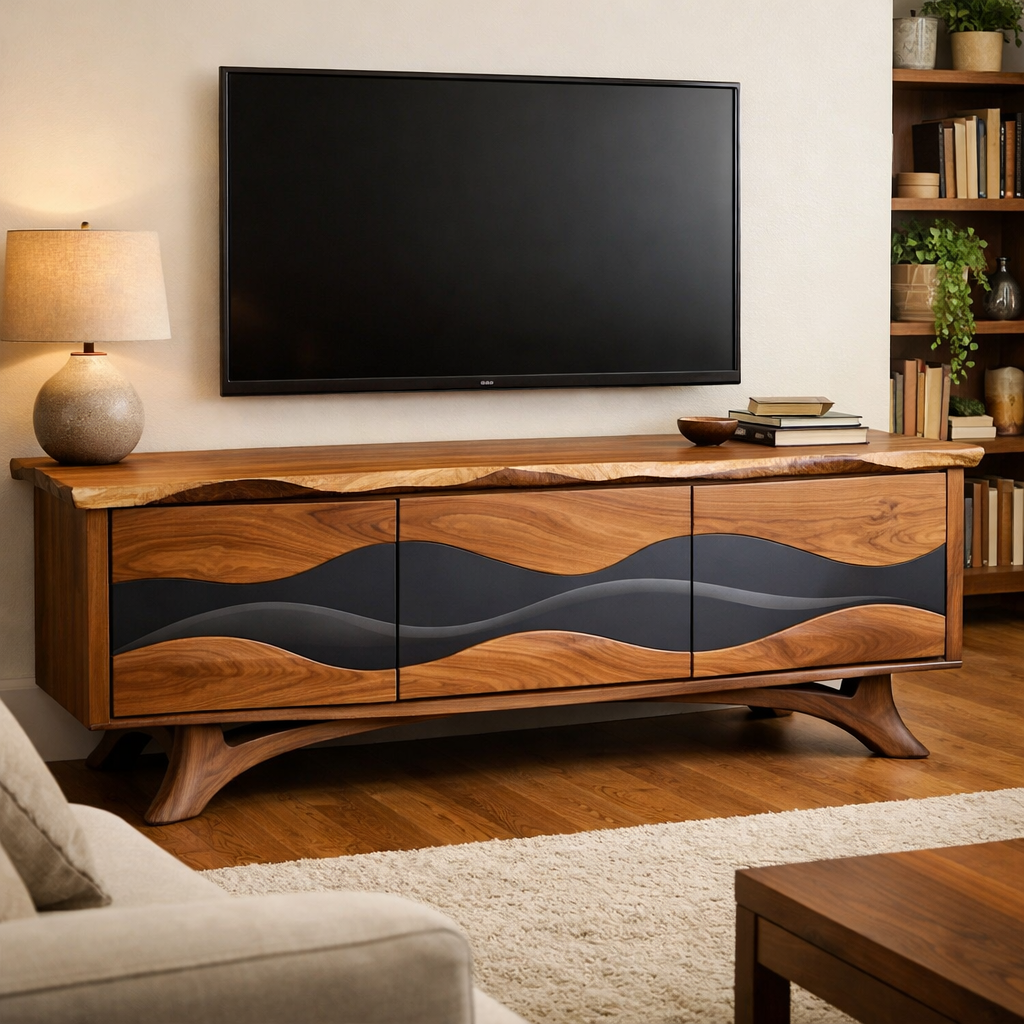Modern Wood TV Stand with Sculpted Waves and Dark Accents