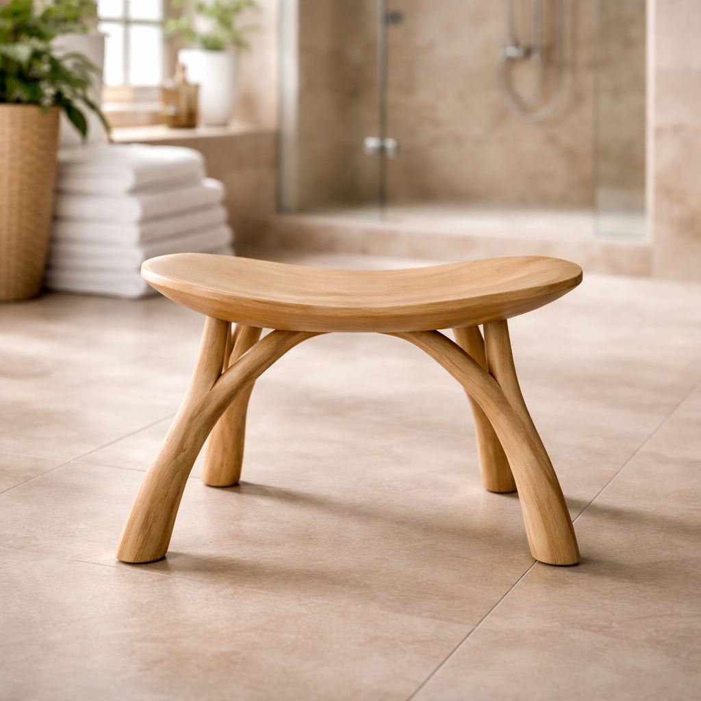 Natural Wood Shower Bench with Sculptural Design