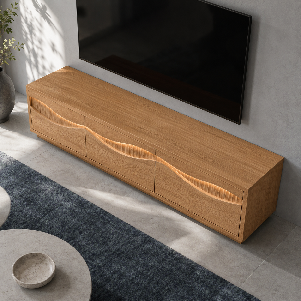 Navora Wave Pattern Solid Wood TV Stand For Living Room