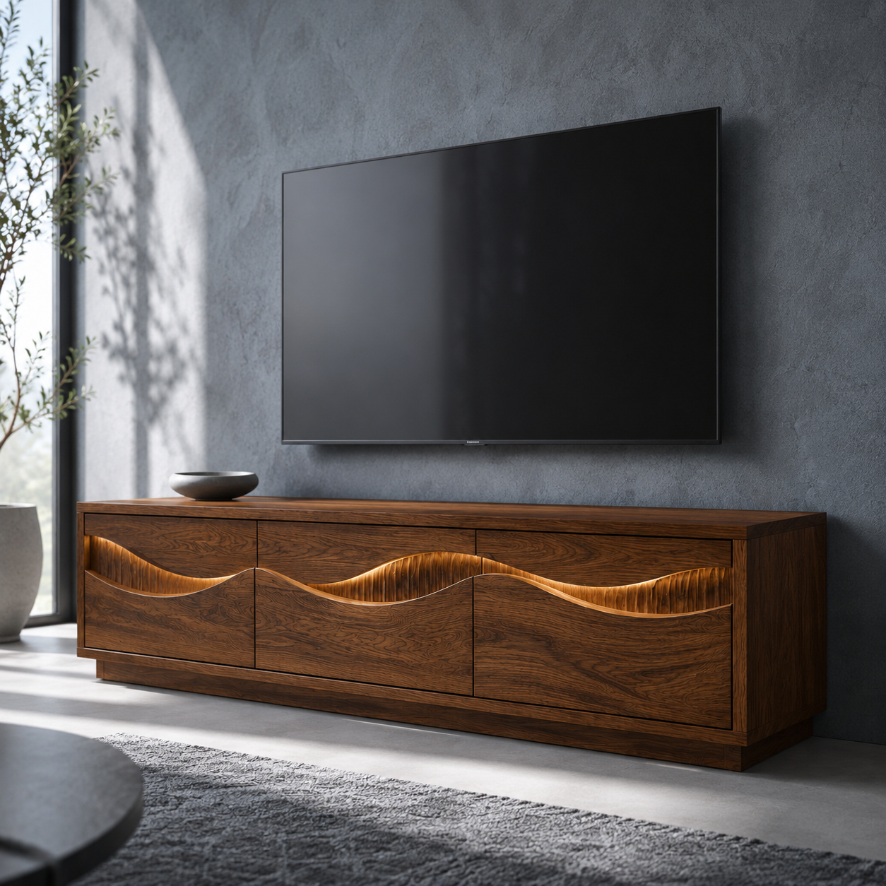 Navora Wave Pattern Solid Wood TV Stand For Living Room
