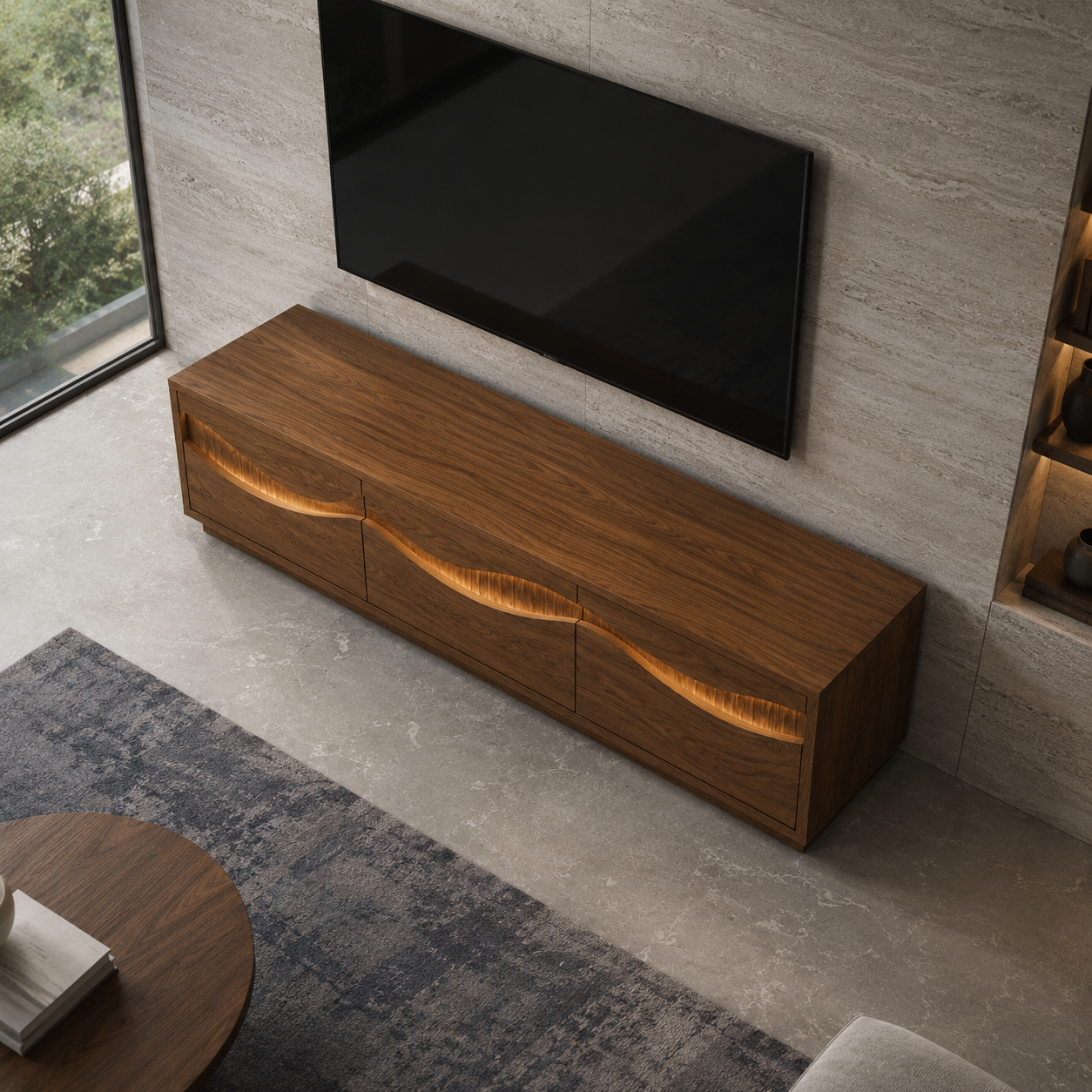 Navora Wave Pattern Solid Wood TV Stand For Living Room