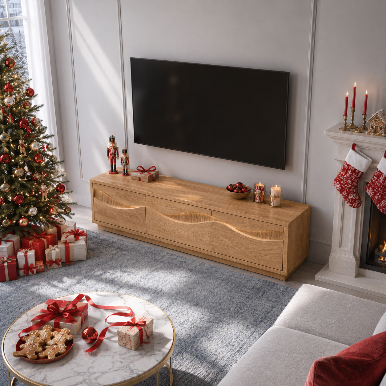 Navora Wave Pattern Solid Wood TV Stand For Living Room