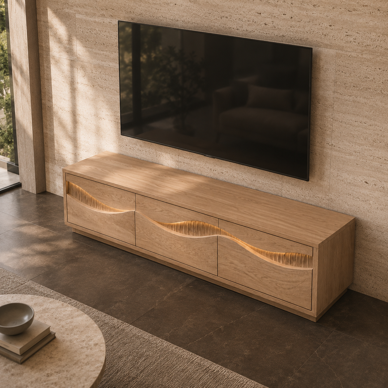 Navora Wave Pattern Solid Wood TV Stand For Living Room