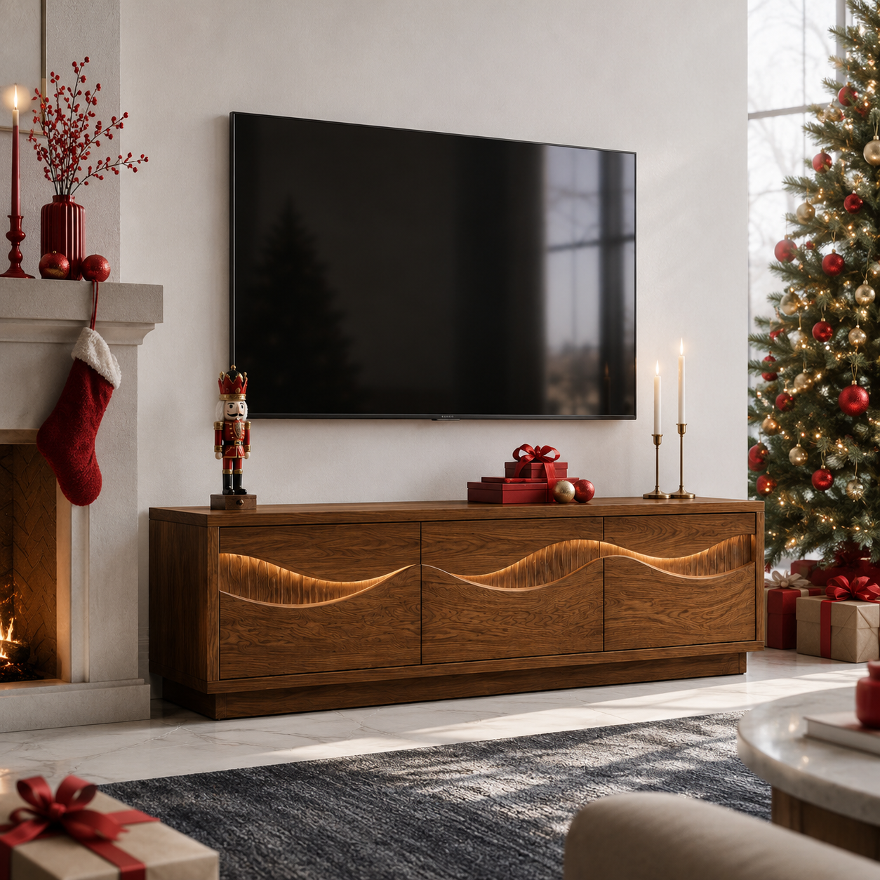 Navora Wave Pattern Solid Wood TV Stand For Living Room