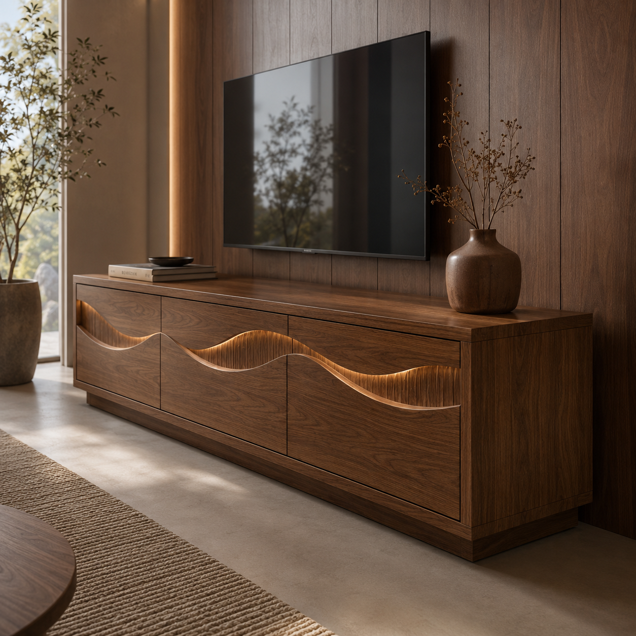 Navora Wave Pattern Solid Wood TV Stand For Living Room