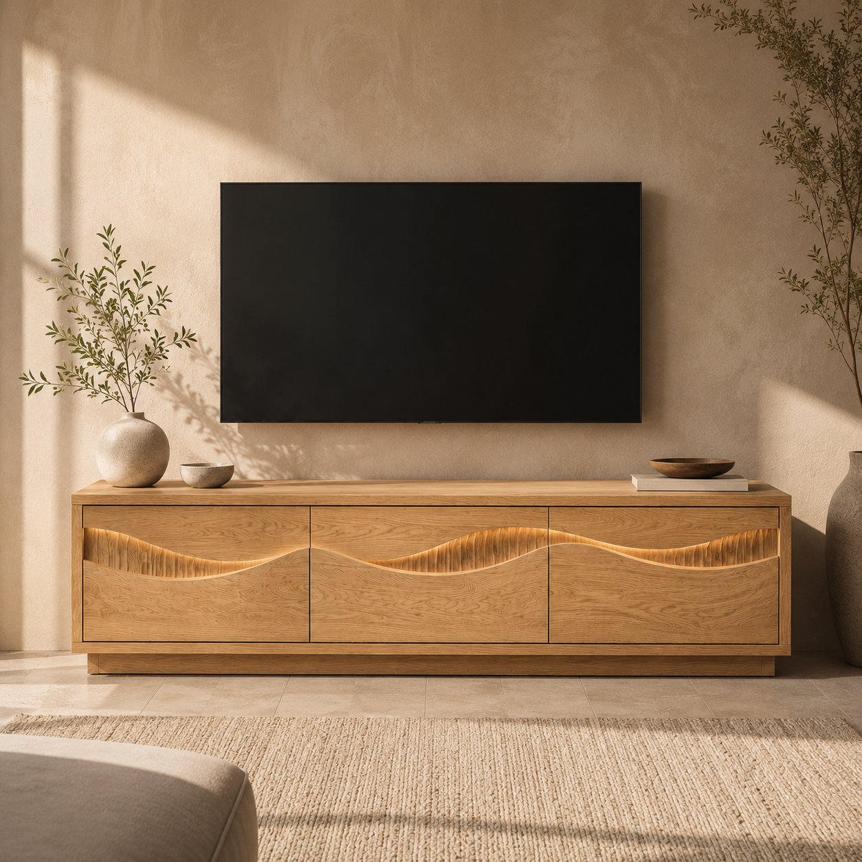 Navora Wave Pattern Solid Wood TV Stand For Living Room